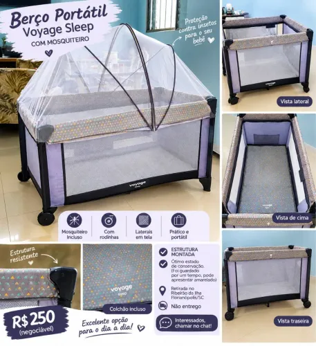 Berço Portátil Voyage Sleep com Mosquiteiro e Rodinhas - R$ 200