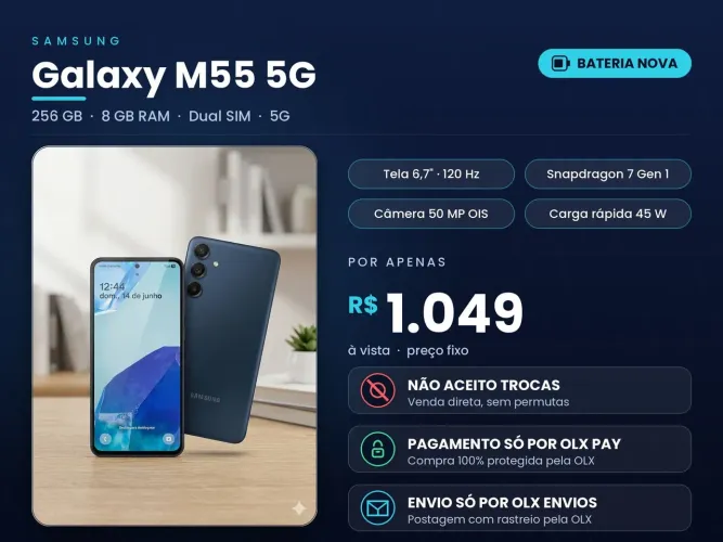 Samsung Galaxy M55 5G 256GB 8GB RAM Azul Escuro - Bateria Nova