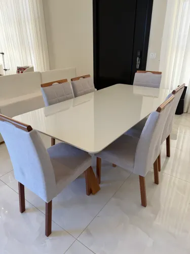 Conjunto Sala De Jantar 6 Lugares Madeira Eucalipto Ametista Caramelo/Bege Claro