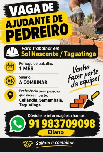 Vaga de ajudante de pedreiro por 1 mês