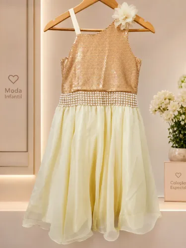 Vestido Infantil Festa Bege/Dourado com Pérolas | Excelente Estado