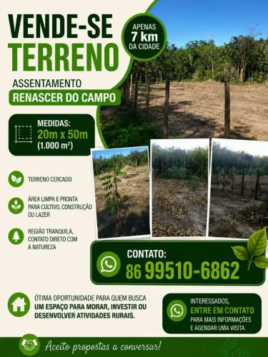 Terreno 20x50m à Venda - Assentamento Renascer do Campo - 7 km da Cidade