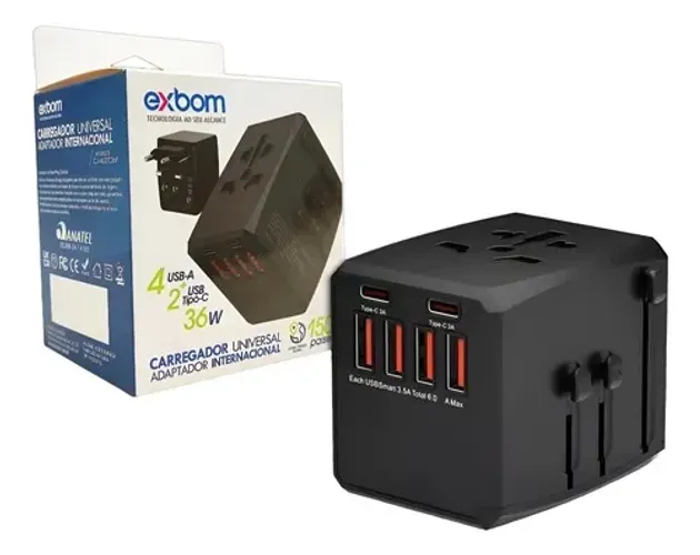 Adaptador Universal de Viagem 36W com 4 USB-A e 2 USB-C 