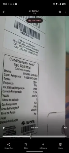 Ar condicionado de 9 mil BTUs.  Gree gás R22 