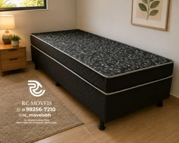 Base Box Solteiro com Molas 88cm x 188cm Floral Preto Durável