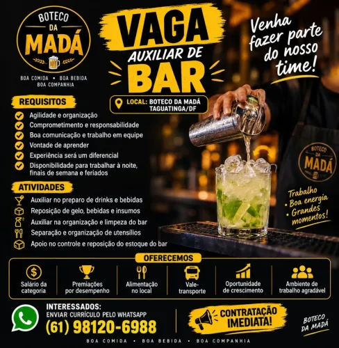Vaga para Auxiliar de Bar - Contratação Imediata