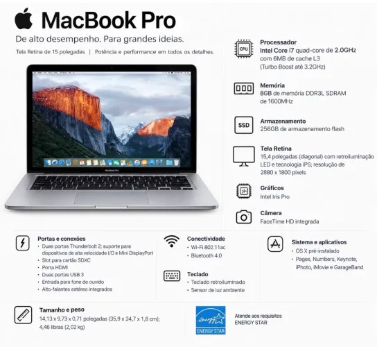 MacBook Pro de alto desempenho de 15 polegadas com tela Retina ? Intel Core i7