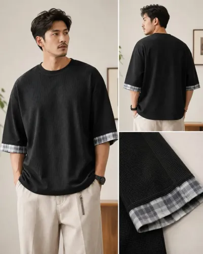 Camiseta Masculina Preta Oversized com Barra Xadrez Tam XL