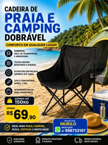 CadeiraCadeira Camping Dobrável 150kg Preto