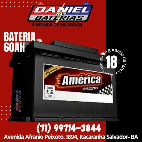Bateria de carro 60ah América, Segunda linha da Heliar, em Salvador-BA