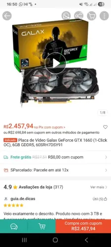 Placa de Video GALAX Nvidia GeForce GTX 1660 1 click oc 6 gb, ddr5