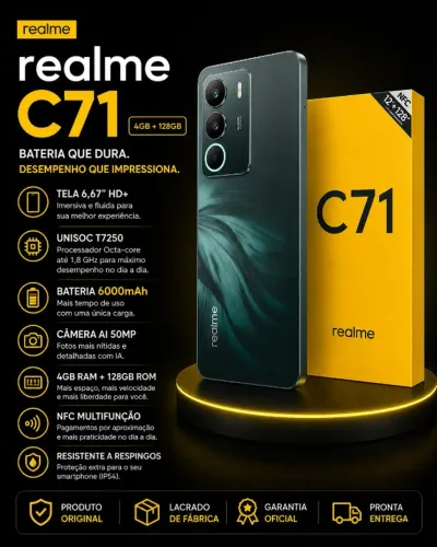 Realme C71 128GB NFC Com Bateria 6300mAh e Carga 45W