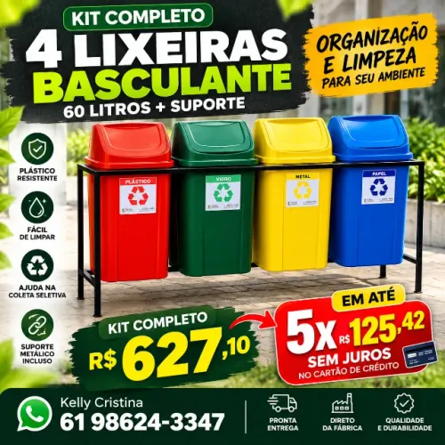 Kit 4 Lixeiras para Coleta Seletiva 60 Litros com Suporte - 5x Sem Juros