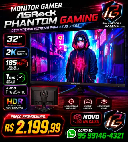Monitor Gamer ASRock Phantom Gaming 32PL 165 Hz 2K Quad-HD + HDR na Cx.