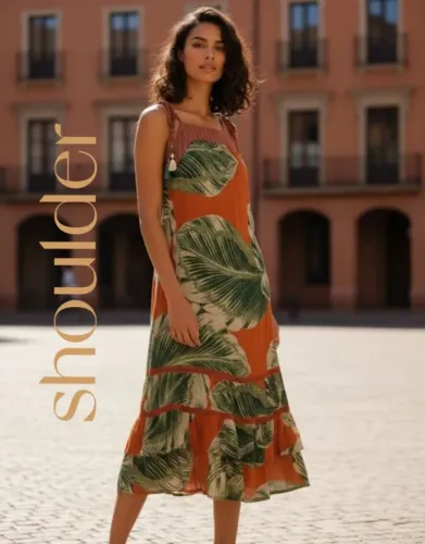 Vestido Estampado Shoulder Midi Longo Folhagens Terracota