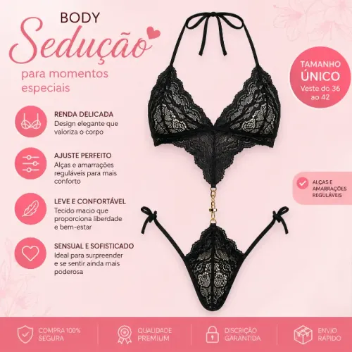 Body Pingente Lingerie Sensual Feminina Confortável e Elegante