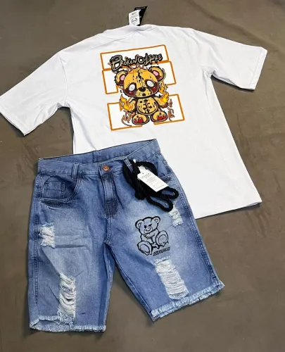 Kites de bermudas jeans e camisas de algodão modelos long