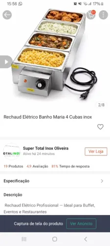 Vende-se Rechaud Elétrico Banho Maria 4 Cubas inox