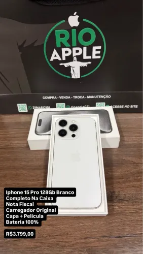 Iphone 15 Pro 128Gb Branco Impecável Completo Na Caixa Com Nota Fiscal Bateria 100% 