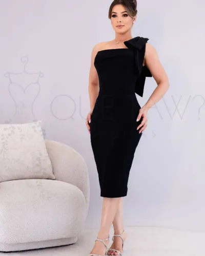 VESTIDO PRETO ELEGANTE DE FESTA COM LAÇO NA ALÇA MINIMALISTA TUBINHO MIDI