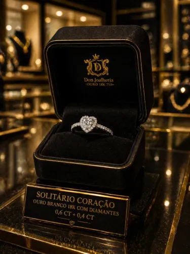 Anel Solitário Coração em Ouro Branco 18K 750