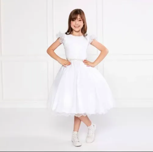 Vestido Glitter Branco Manga Godê De Festa Infantil Rodado