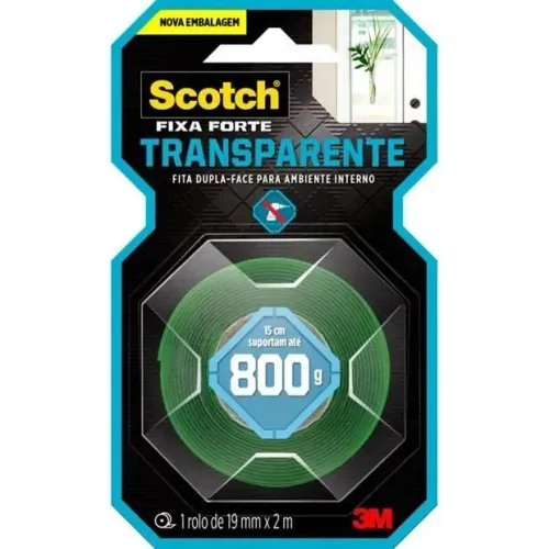 Fita Scotch Fixa Forte Dupla Face Silicone 19 mm x 2 m Transparente e Verde - 3M