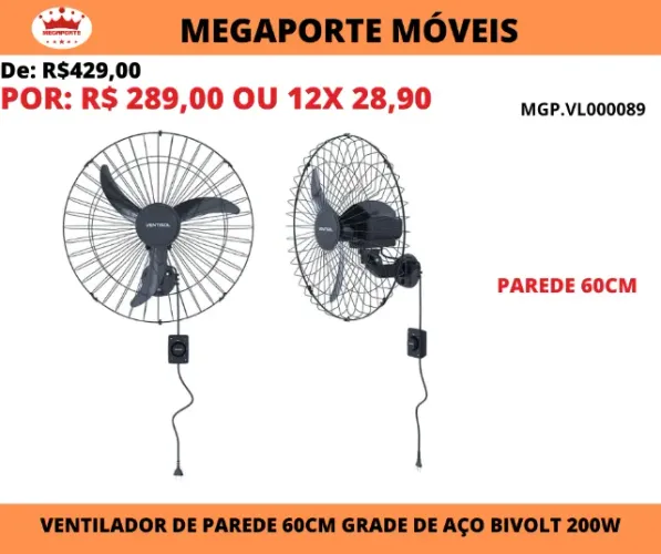Ventilador de Parede 60cm Grade de Aço Ventisol 200W Bivolt