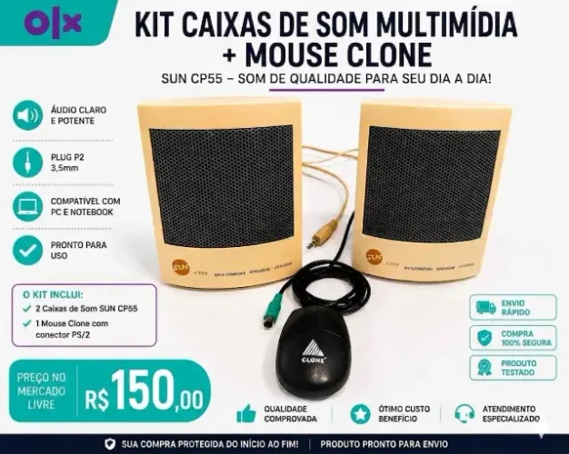 CAIXAS DE SOM MULTIMÍDEA PARA PC + MOUSE ANTIGO PS2 CLONE - USADO - PARA COMPUTADOR