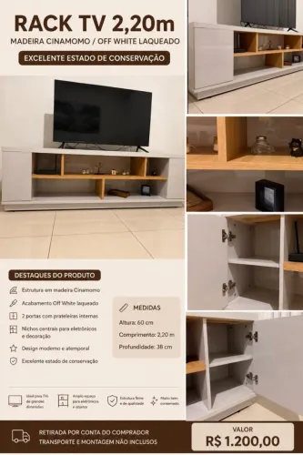 Rack TV 2,20m Madeira Cinamomo e Off White Laqueado - Excelente Estado