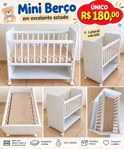 Mini Berço Branco com Colchão e Lateral Retrátil - Excelente Estado