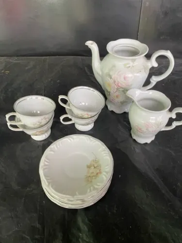 Conjunto chá antigo porcelana Schmidt com filete prata