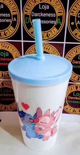 Copo com tampa e canudo infantil plástico 300ml branco e azul 