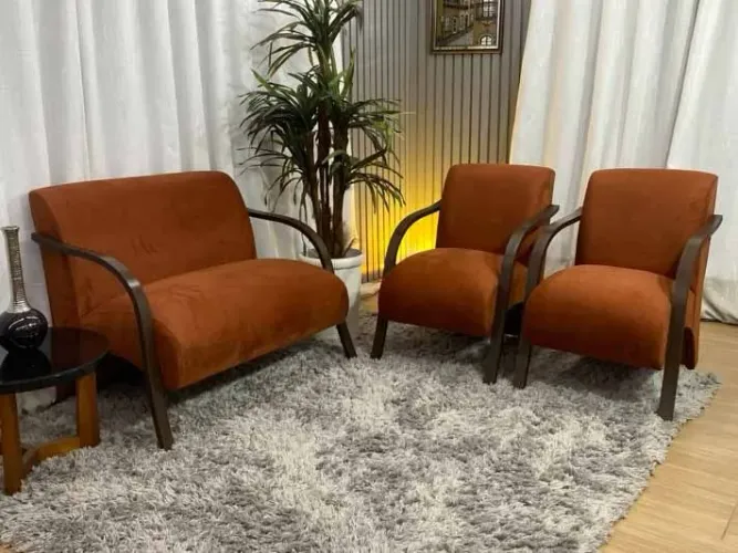 Conjunto de Poltronas 2x1x1 Lugares Terracota Braço Madeira