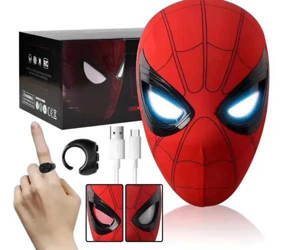 Máscara Homen Aranha- Controle Remoto Anel - Led- Recarregável Cabo USB tipo C