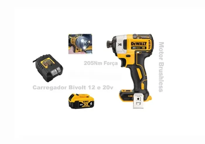 Parafusadeira Chave Tork, 1/4" (6,35mm) Motor Brushless DeWalt XR, Bateria e Carregador 