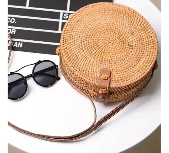 Bolsa Redonda Bambu palha com relevo