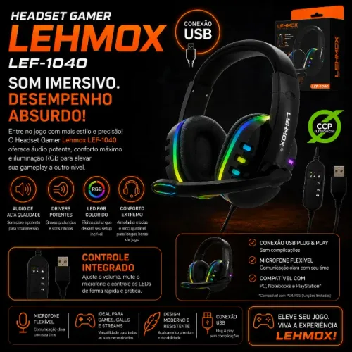   Headset Gamer Lehmox LEF-1040 Conexão USB  LED RGB
