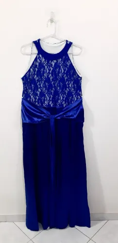 vestido de festa azul royal cetim e renda