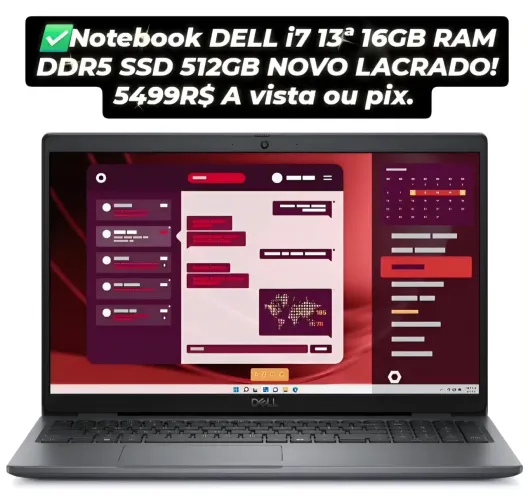Notebook Dell i7 13ª 16GB RAM DDR5 SSD 512GB NOVO LACRADO.
