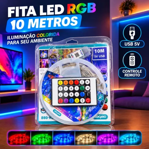 Fita LED RGB 10 Metros USB com Controle Remoto