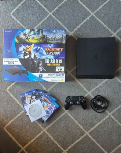 PlayStation 4 Slim 500GB + 5 Jogos (Na Caixa Original)