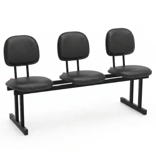 Longarina Para Recepção Secretária Estofada Courvin Preto 03 Lugares