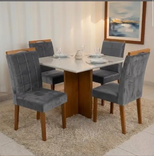 Conjunto Mesa de Jantar Verona 90 com Vidro e 4 Cadeiras Veludo Cinza Grafite