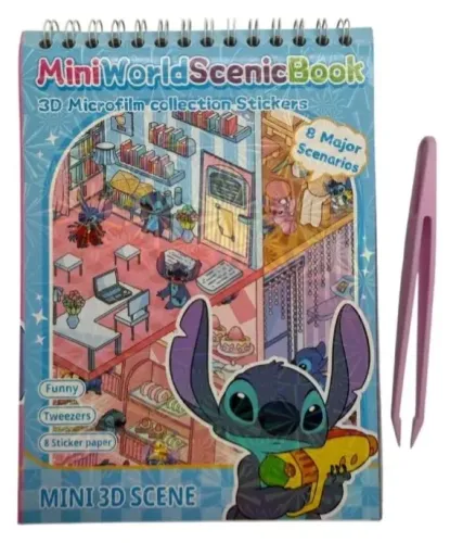 Livro Stich Adesivo 3d + Pinça 8 Cenários