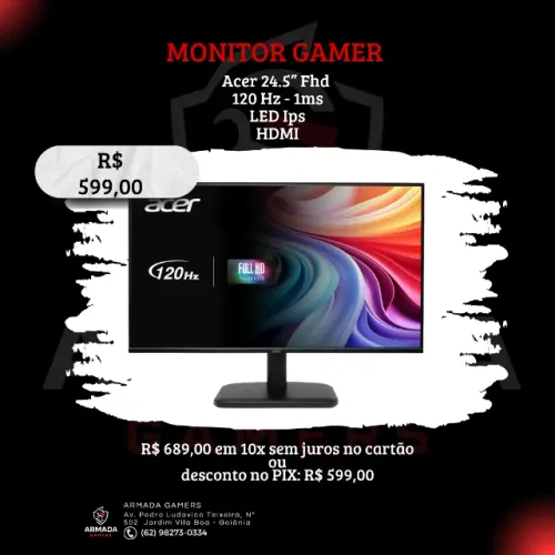 Moitor Acer 24,5", 120Hz - Novo - Com garantia e nota fiscal - Loja física 
