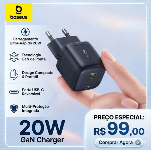 Carregador Baseus Ultra Rápido 20W GaN - A Máxima Potência no Menor Tamanho!