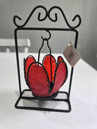 Porta-velas decorativo em metal e cristal vermelho/laranja