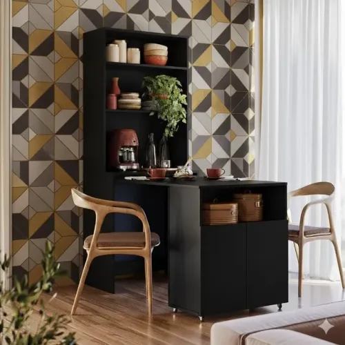 Mesa Dobrável Bancada Armário Cantinho Do Café Dueto - Preto
