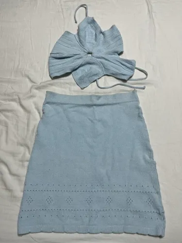 Conjunto Crochê Shein Tam 38 (Saia e Top Frente Única) - Azul Claro
